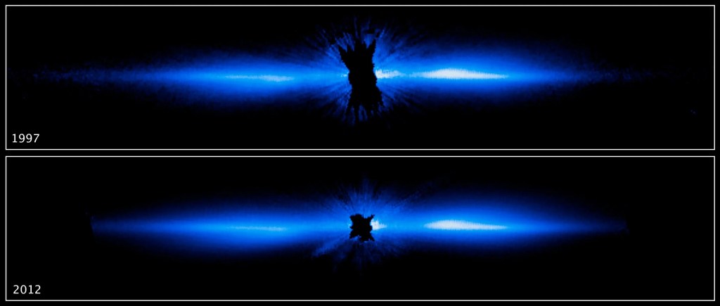 Two images, both hold a black center with blue-white lobes on either side. Top is from 1997, bottom from 2012.