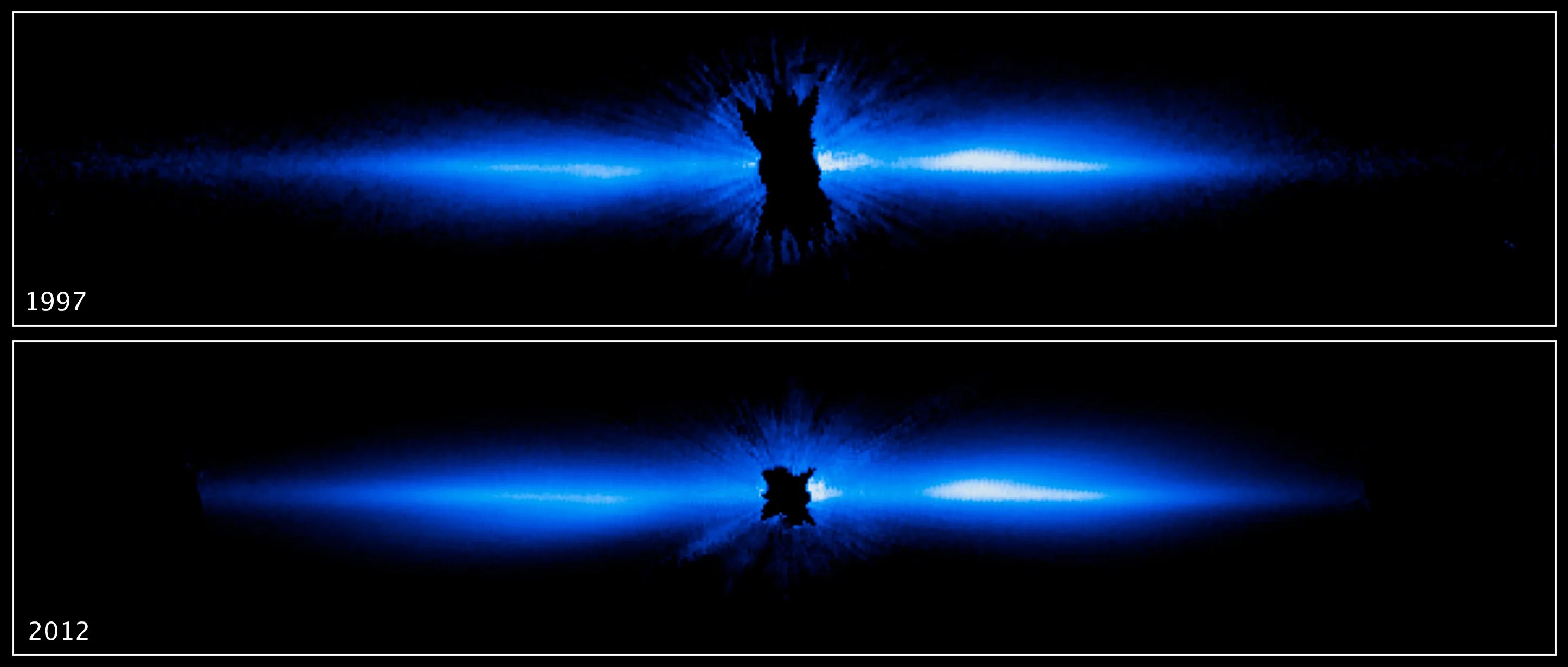 Two images, both hold a black center with blue-white lobes on either side. Top is from 1997, bottom from 2012.