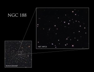 Two images of Caldwell 1. Lower left is a wide-field image that shows the location of the Hubble image. Right two-thirds is the Hubble image, which shows a scattering of stars against a black backdrop.
