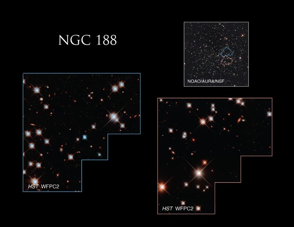 Three images of Caldwell 1. Upper-left is a wide-field image that shows the locations of the other two Hubble images. Bottom-left and bottom-right are Hubble images of a scattering of stars against a black backdrop. Stars in left image are bluish. Stars in right image are reddish.