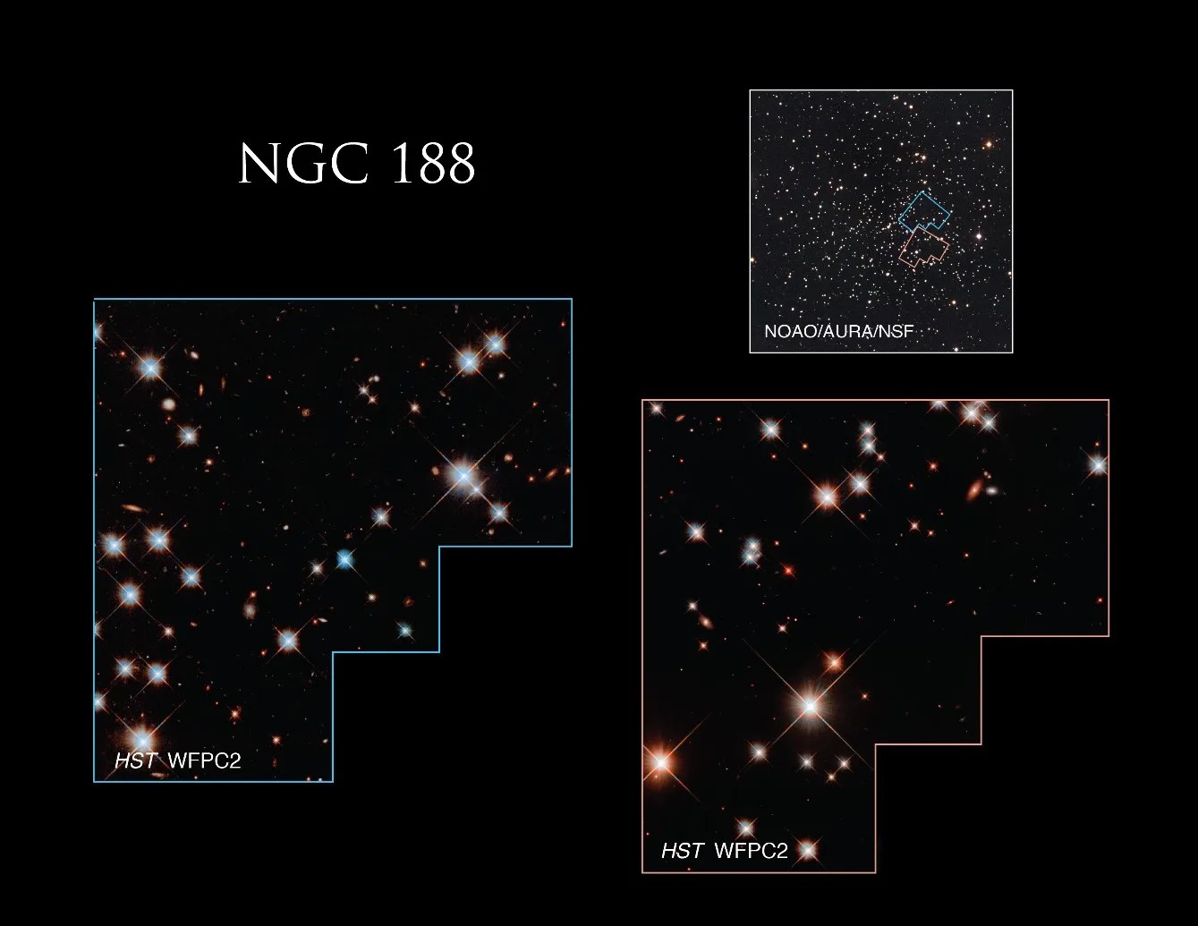 Three images of Caldwell 1. Upper-left is a wide-field image that shows the locations of the other two Hubble images. Bottom-left and bottom-right are Hubble images of a scattering of stars against a black backdrop. Stars in left image are bluish. Stars in right image are reddish. 