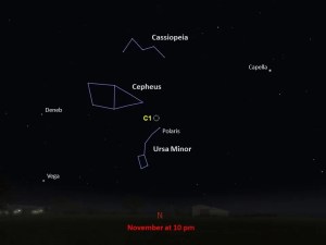 Line drawings of constellations pinpoint the location of Caldwell 1.