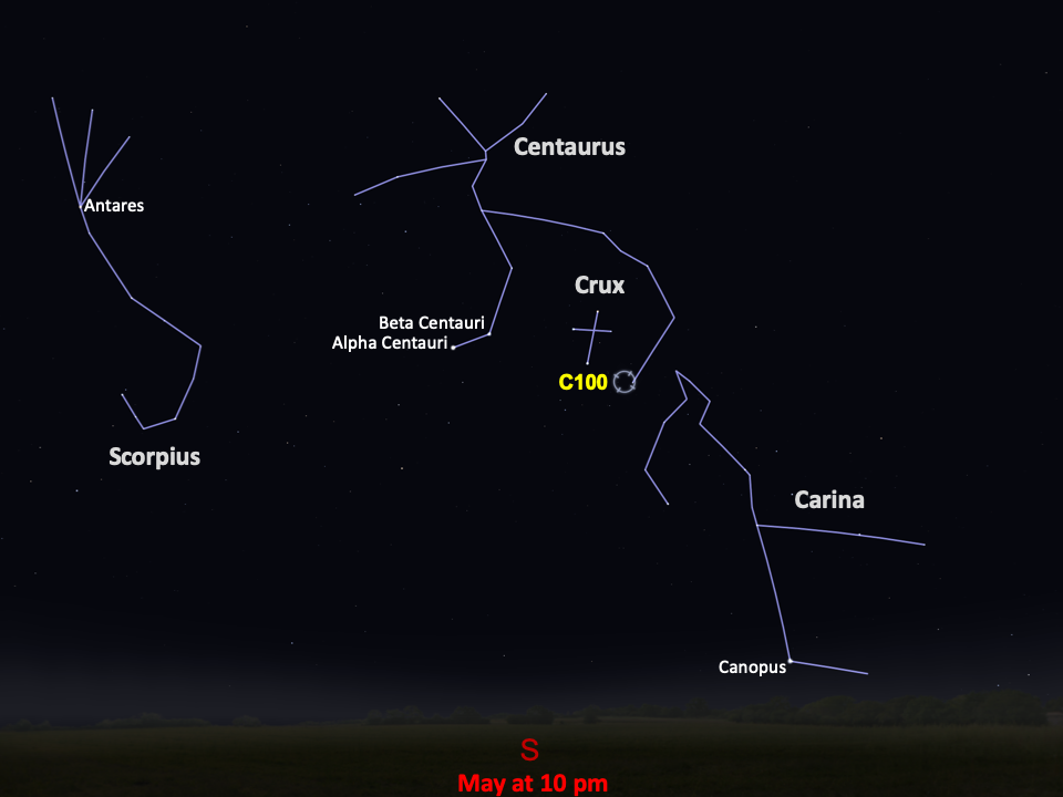 Line drawings of constellations pinpoint the location of Caldwell 100.