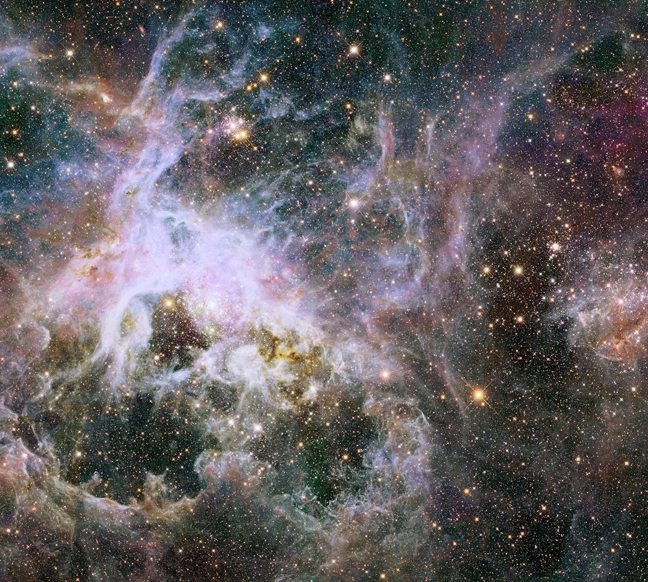 clouds of pink, white, brown, and grey fill the scene. Bright pinkish-white cloud fills the upper-left quadrant of the image. A few large, yellow stars and many, small white stars dot the scene.