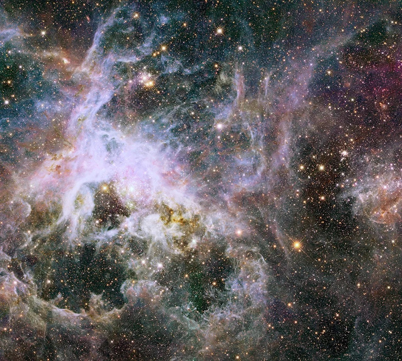 Clouds of pink, white, brown, and grey fill the scene. Bright pinkish-white cloud fills the upper-left quadrant of the image. A few large, yellow stars and many, small white stars dot the scene.
