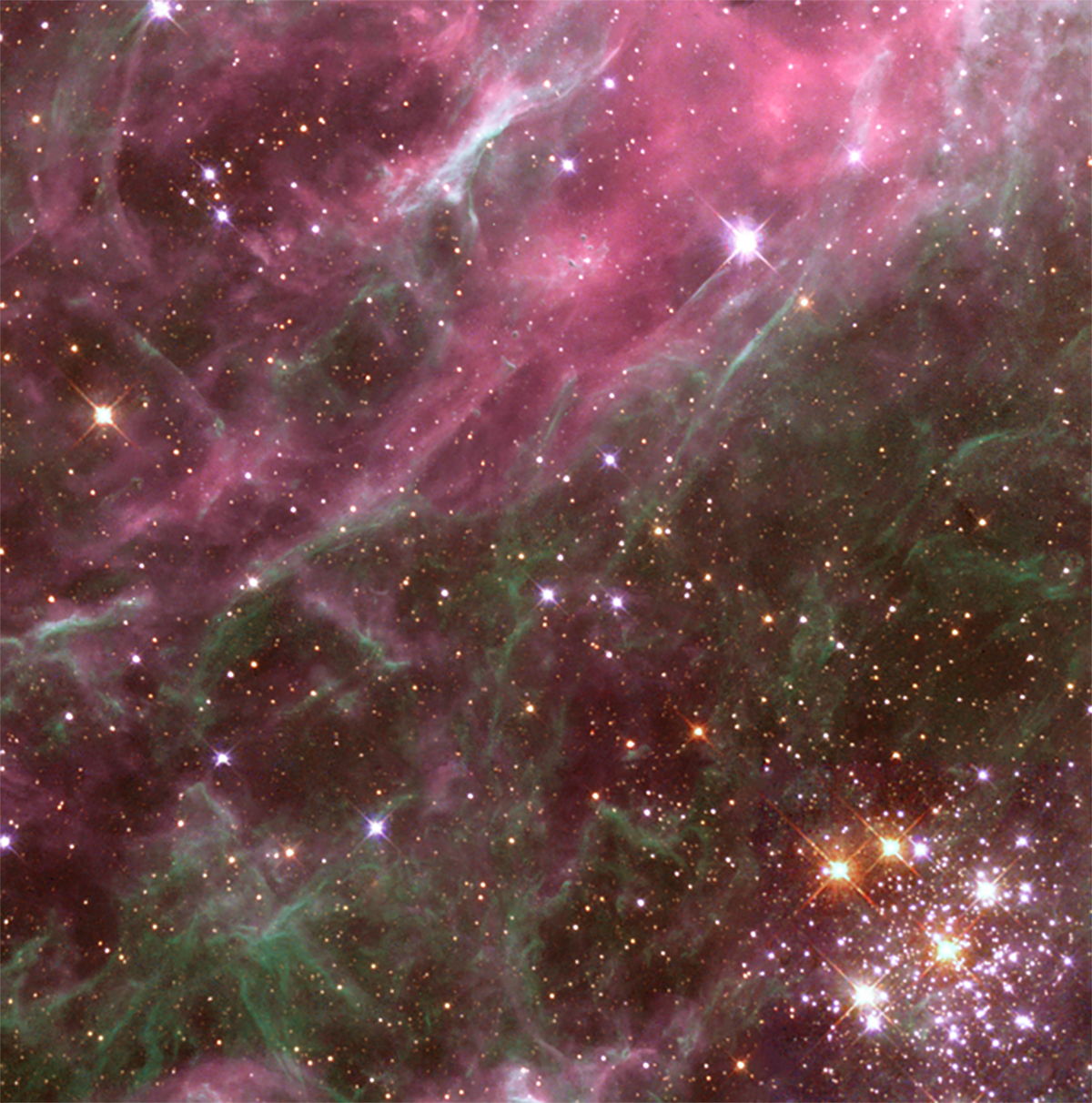 Clouds of dark and light pink, and green fill the scene. Upper-left half of the image is pink, while the lower right half is more green. Lower-right corner holds the star cluster Hodge 301.