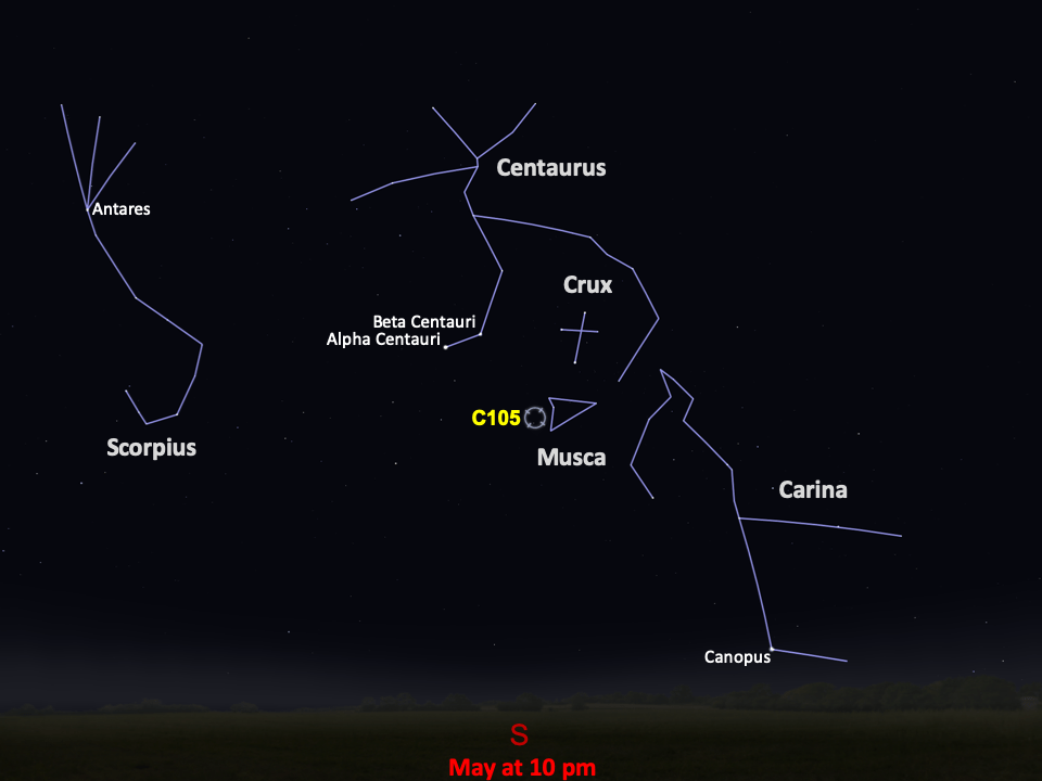 Line drawings of constellations pinpoint the location of Caldwell 105.