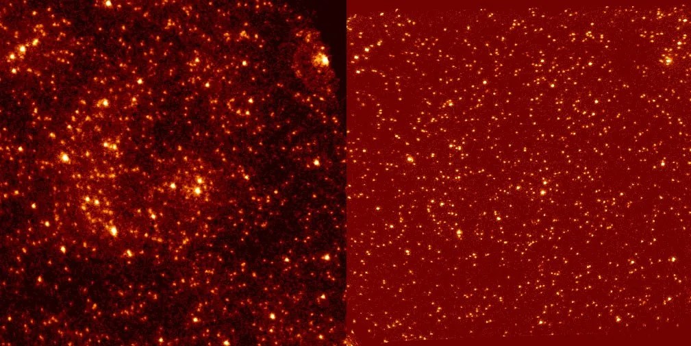 Left: dark red to black background with bright-red gas clumps dotted with yellow stars. Right: red background dotted with yellow stars