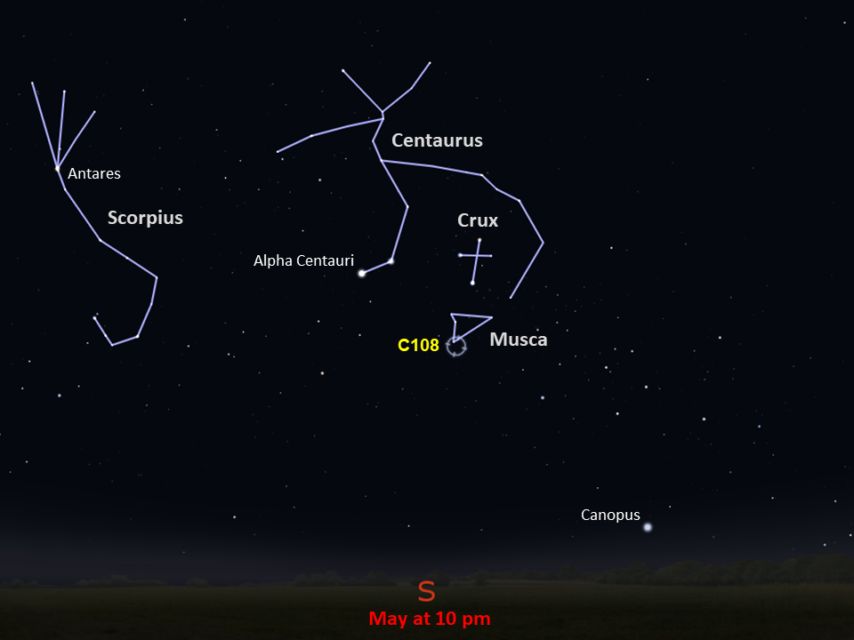 A simple map of the sky shows outlines of constellations, labeled stars, and the location of Caldwell 108.