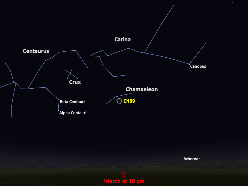 A simple map of the sky shows outlines of constellations, labeled stars, and the location of Caldwell 109.