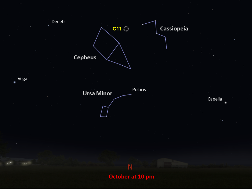 Line drawings of constellations pinpoint the location of Caldwell 11