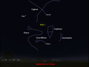 Line drawings of constellations pinpoint the location of Caldwell 12