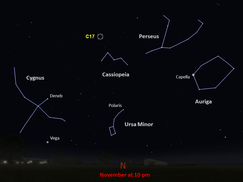 Line drawings of constellations pinpoint the location of Caldwell 17