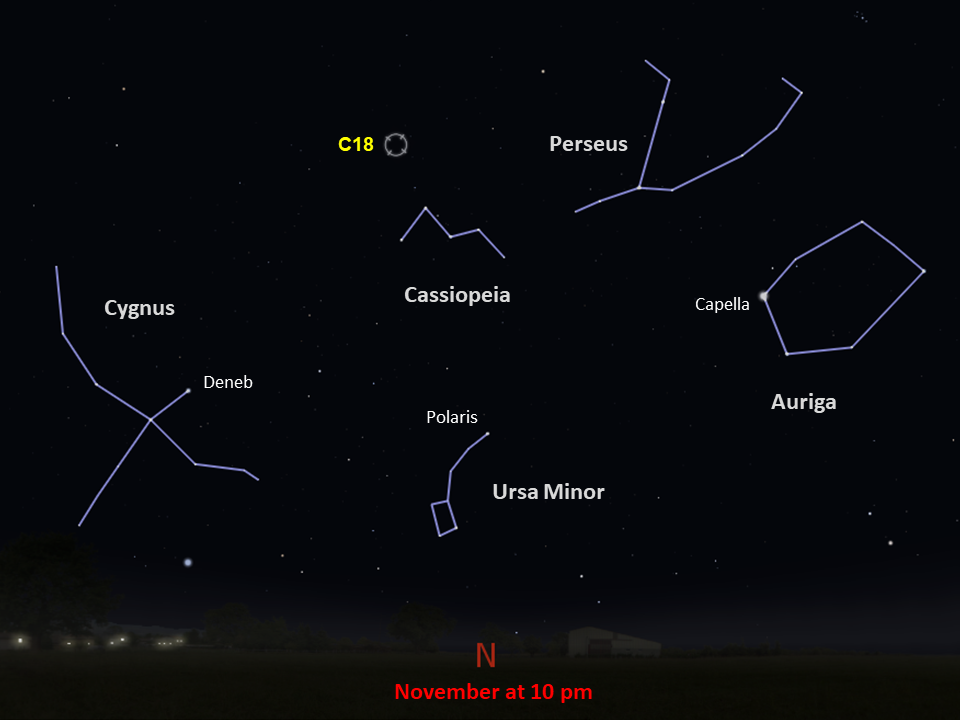 Line drawings of constellations pinpoint the location of Caldwell 18
