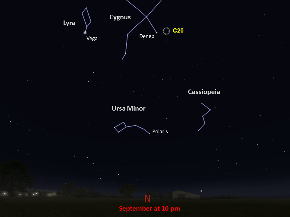 Line drawings of constellations pinpoint the location of Caldwell 20