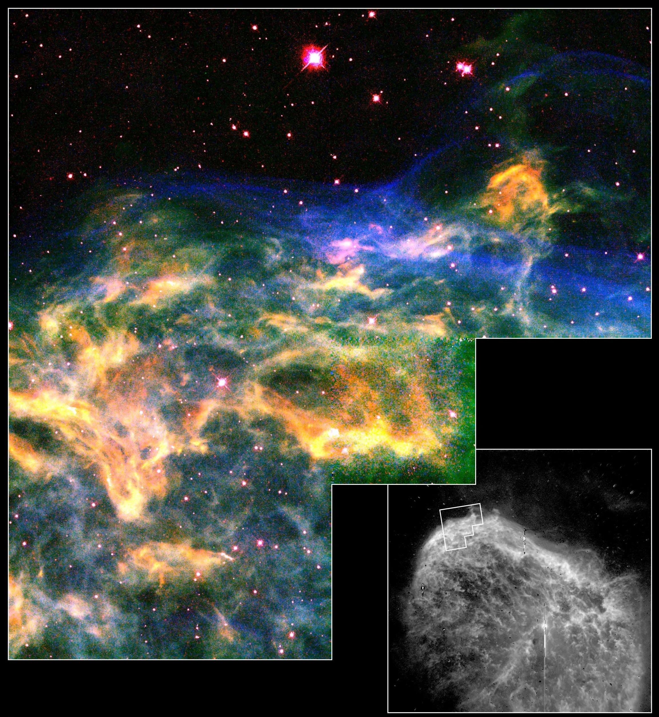 colorful streams of yellow, blue, and green gas and dust extend from the lower left to the center right. At the bottom right is a black and white image from a ground based telescope.
