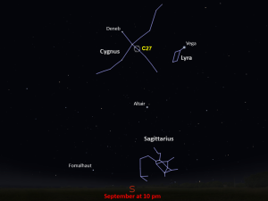 Line drawings of constellations pinpoint the location of Caldwell 27