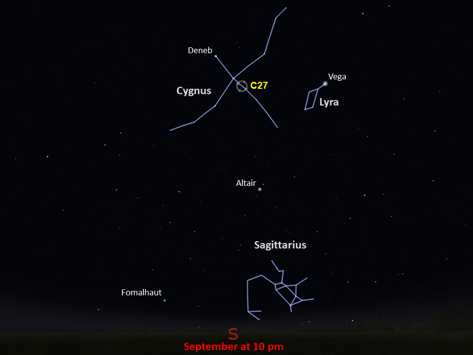Line drawings of constellations pinpoint the location of Caldwell 27