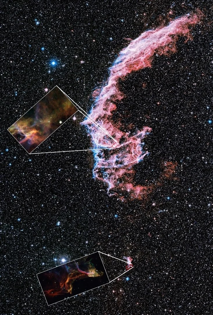 Ground based image shows giant pink cloud of dust and gas with two Hubble images showing the closer up view.