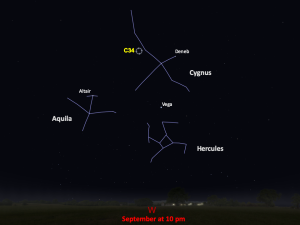 Line drawings of constellations pinpoint the location of Caldwell 34