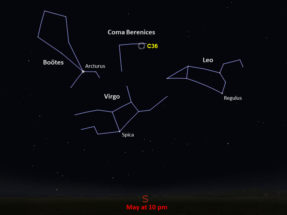 Line drawings of constellations pinpoint the location of Caldwell 36