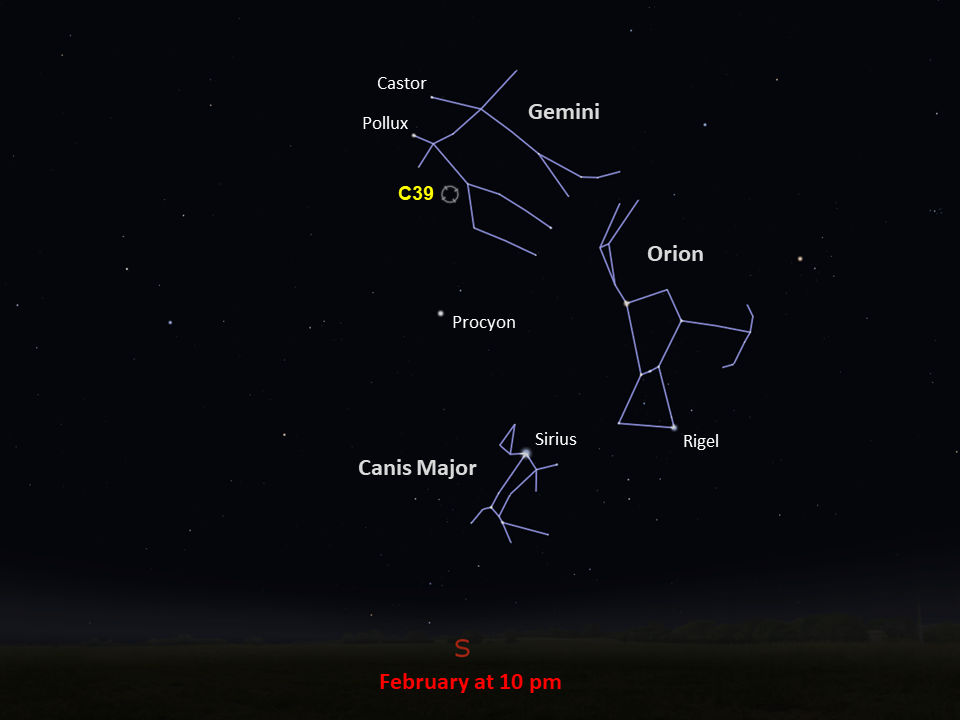 Shows the location of C39 from mid-northern latitudes in the southern night sky, near the constellation Gemini, at 10pm in February.