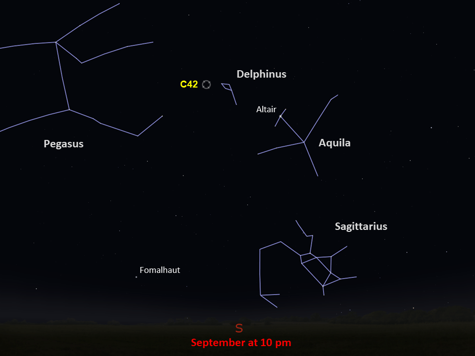 This annotated star chart shows C42 in the southern night sky near the constellation Delphinus in September at 10pm.