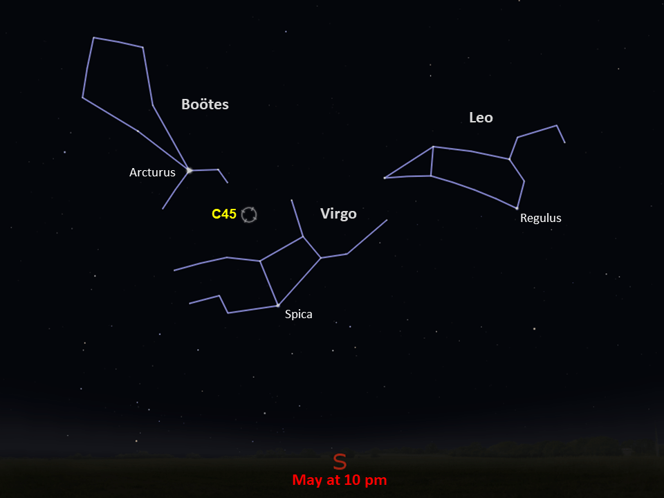 Star chart that shows C45 between the constellations of Bootes and Virgo in the southern night sky in May at 10pm.