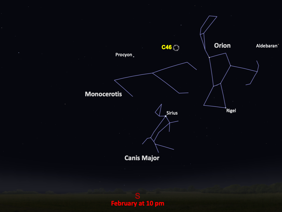 This star chart shows C46 just above the constellation Monocerotis in the southern night sky at 10pm in February.