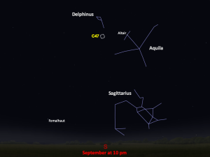 A star chart shows C47 below the constellation Delphinus in the southern night sky in September at 10pm.