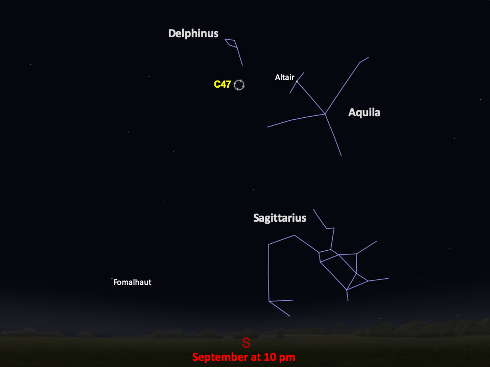 A star chart shows C47 below the constellation Delphinus in the southern night sky in September at 10pm.