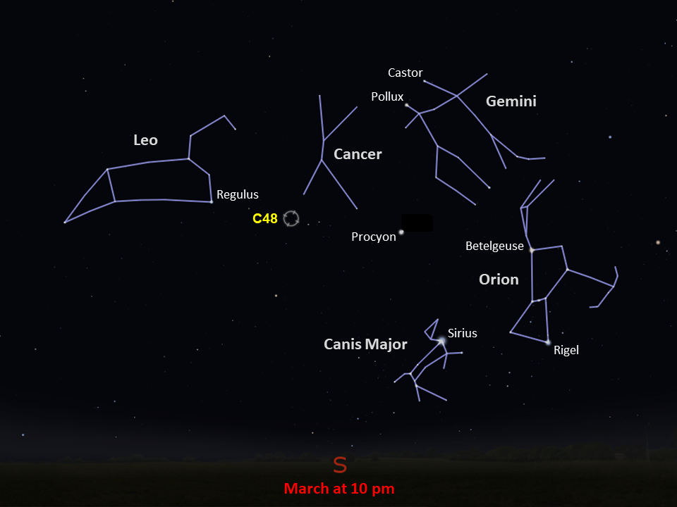 A star chart shows C48 to the bottom-left of the constellation Cancer in the southern night sky at 10pm in March.