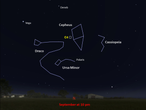 Line drawings of constellations pinpoint the location of Caldwell 4.