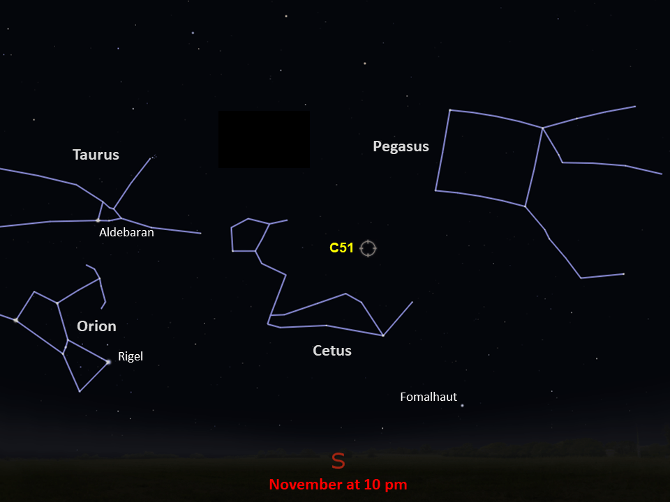 A star chart shows C51 in the southern night sky, above the constellation Cetus, at 10pm in November.