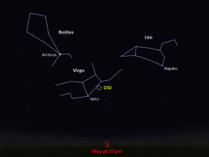 A star chart shows C52 next to the constellation Virgo on the right, in the southern night sky in May at 10pm.
