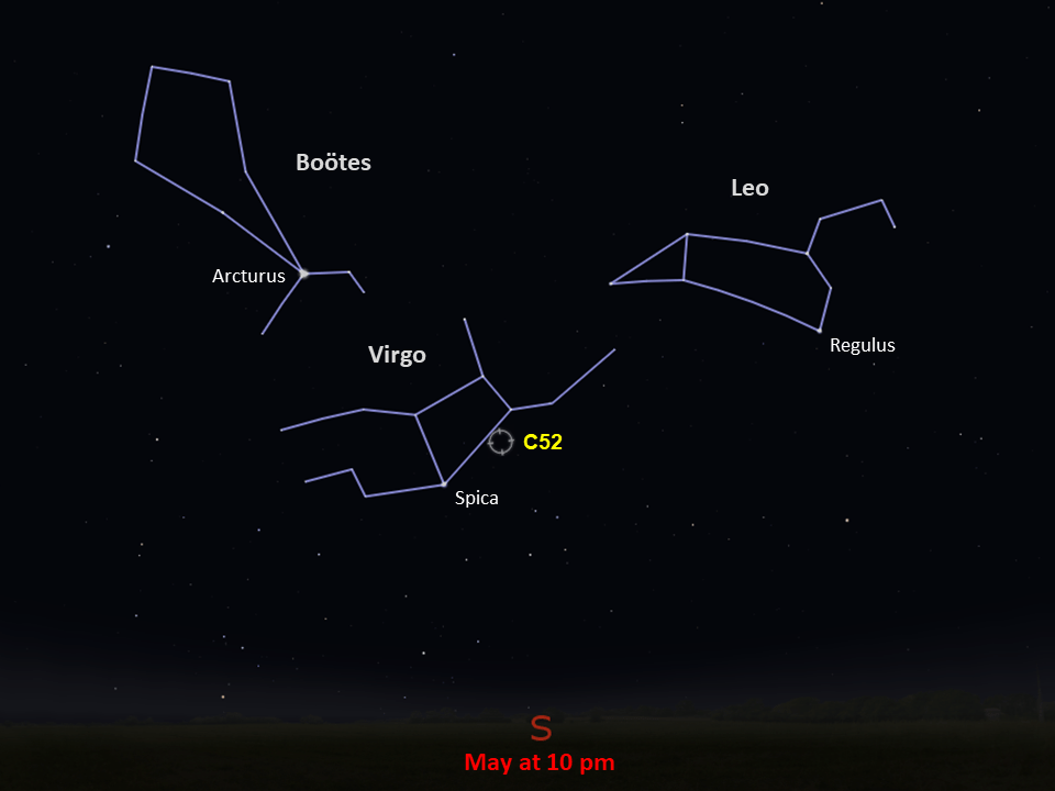 A star chart shows C52 next to the constellation Virgo on the right, in the southern night sky in May at 10pm.