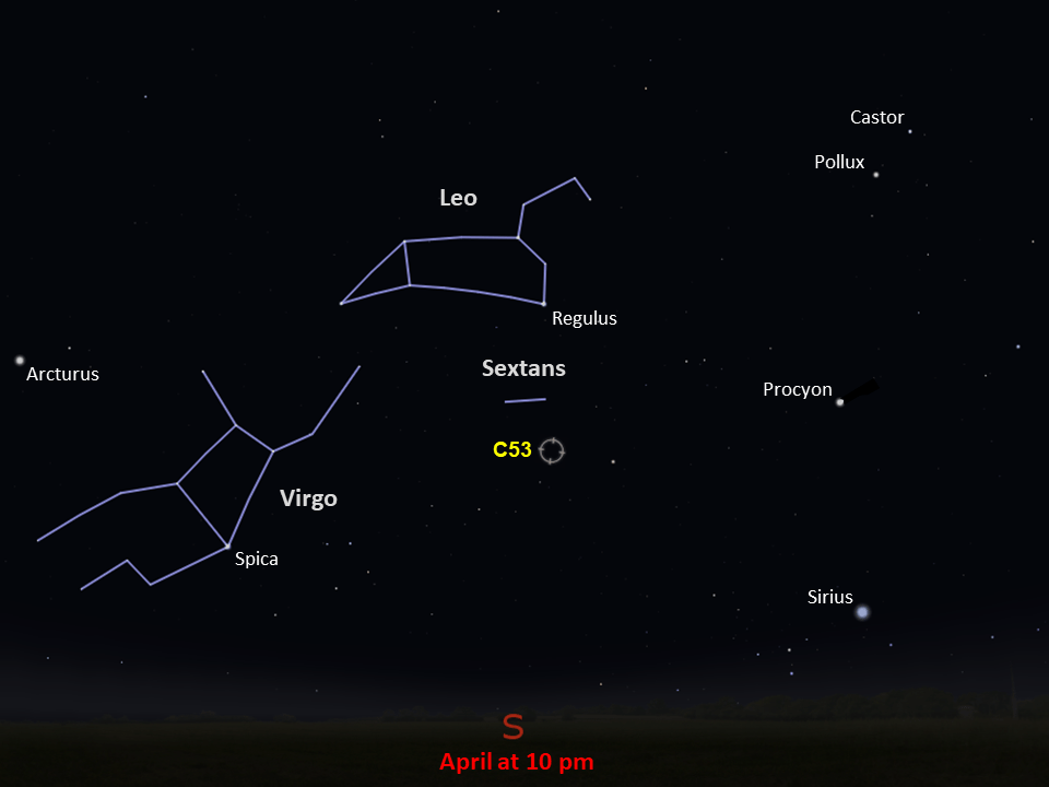 A star chart shows C53 below the constellation Sextans, in the southern night sky in April at 10pm.