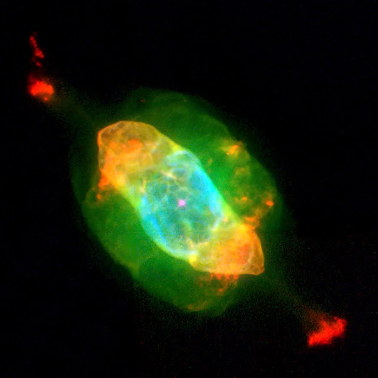 A bright pink central star is surrounded by a football-shaped rim of dense blue and red gas. The cavity and its rim are trapped inside smoothly-distributed greenish material in the shape of a barrel and comprised of the star's former outer layers. At larger distances, and lying along the long axis of the nebula, a pair of red "ansae", or "handles" appears. Each ansa is joined to the tips of the cavity by a long greenish jet of material.