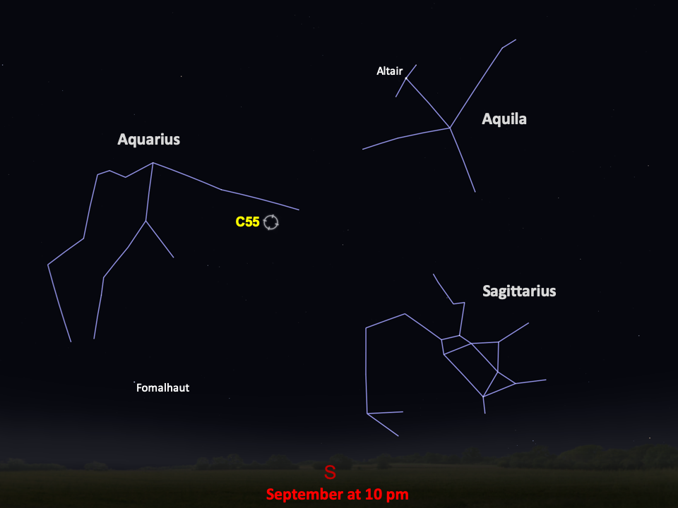 A star chart shows C55 in the upper-right corner of the constellation Aquarius, in the southern night sky in September at 10pm.