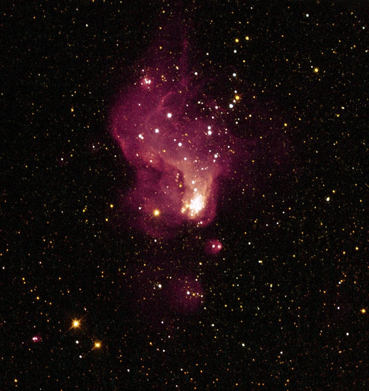 This pinkish-red glowing gas cloud resembles curling flames from a campfire. A faint tail of gas trailing off the top of the cloud sits opposite a dense cluster of bright white and yellow stars at the bottom.