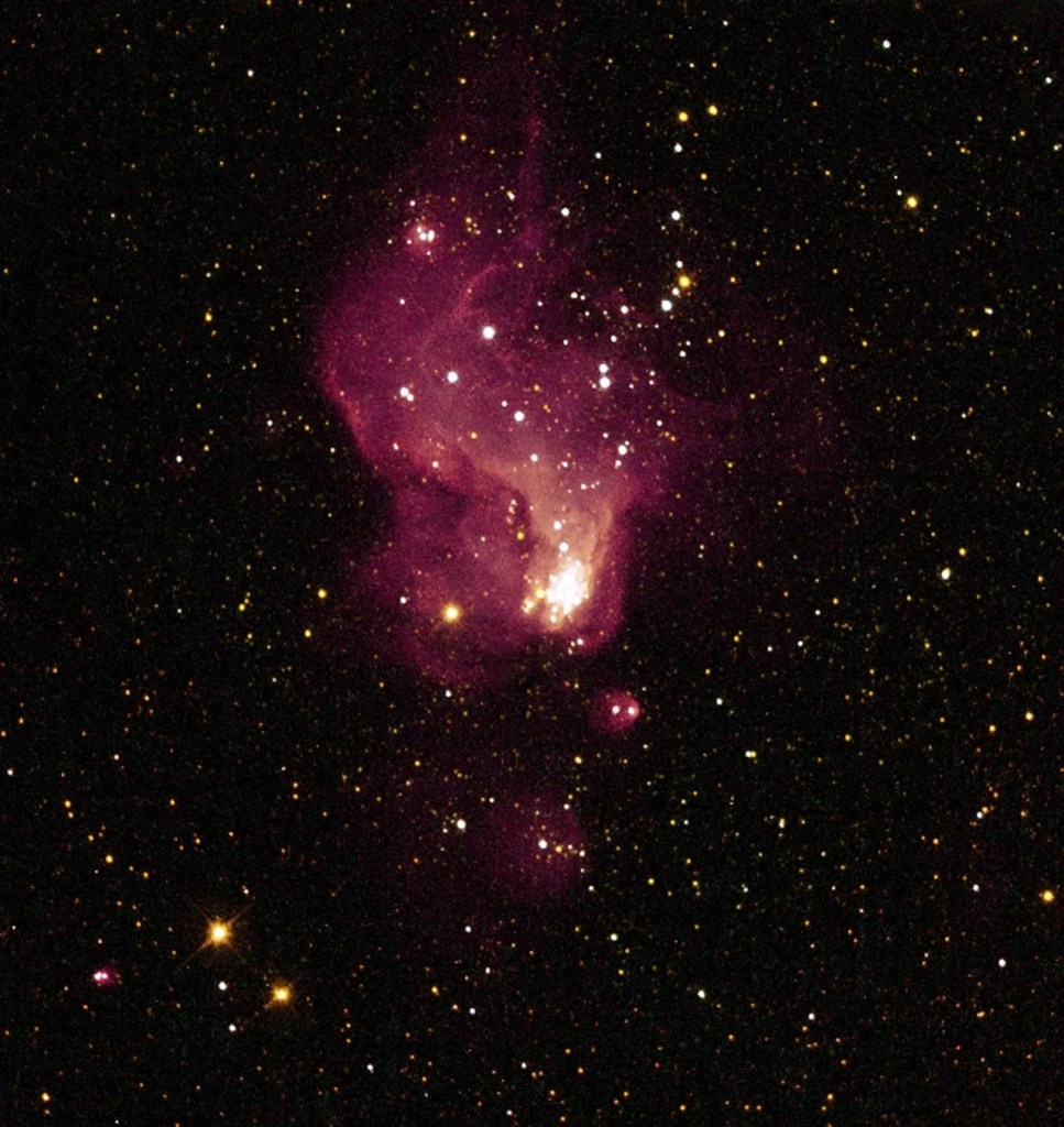 This pinkish-red glowing gas cloud resembles curling flames from a campfire. A faint tail of gas trailing off the top of the cloud sits opposite a dense cluster of bright white and yellow stars at the bottom.