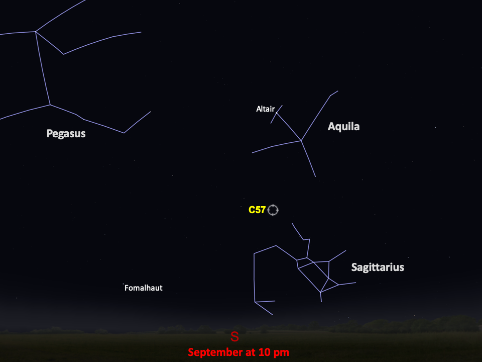 A star chart shows C57 above the constellation Sagittarius, in the southern night sky in September at 10pm.