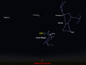 A star chart shows C58 to the left of the constellation Canis Major, in the southern night sky in February at 10pm.