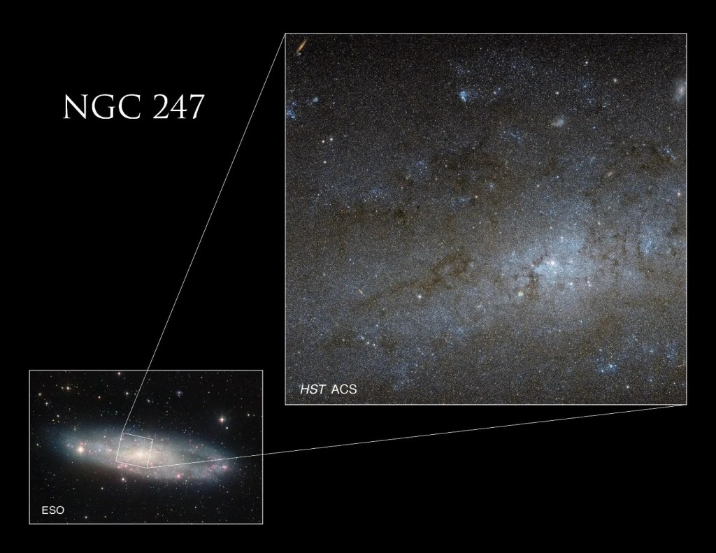 This inset image shows that Hubble's image of C62 is one portion of a larger spiral galaxy, taken by a ground-based observatory, which appears as a glowing white disk scattered with large spheres of pink.