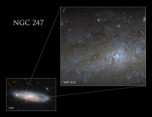 This inset image shows that Hubble's image of C62 is one portion of a larger spiral galaxy, taken by a ground-based observatory, which appears as a glowing white disk scattered with large spheres of pink.
