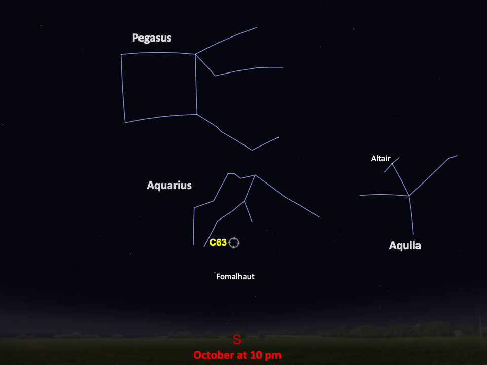 A star chart shows C63 below the constellation Aquarius, in the southern night sky in October at 10pm.