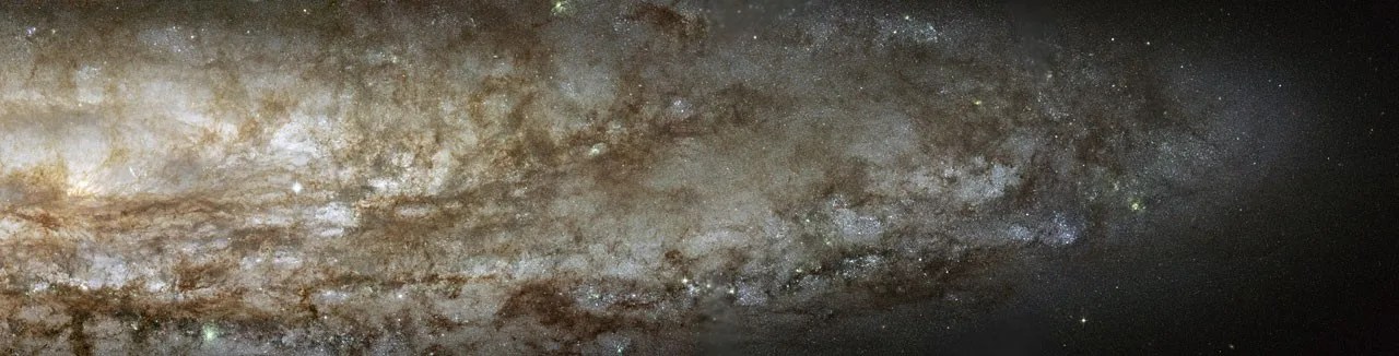 In this wide-field image, the center of the galaxy is on the left, surrounded by dark clouds of gas, which make several "rings" of spiral arms around the center that extend farther and farther out to the right, filled with white stars in between.