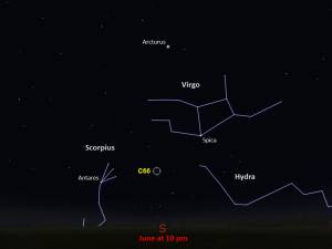 A star chart shows C66 between the constellations of Scorpius and Hydra, and below Virgo, in the southern night sky in June at 10pm.