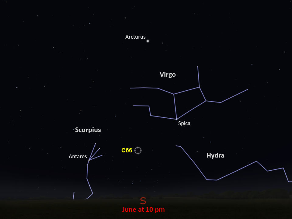 A star chart shows C66 between the constellations of Scorpius and Hydra, and below Virgo, in the southern night sky in June at 10pm.