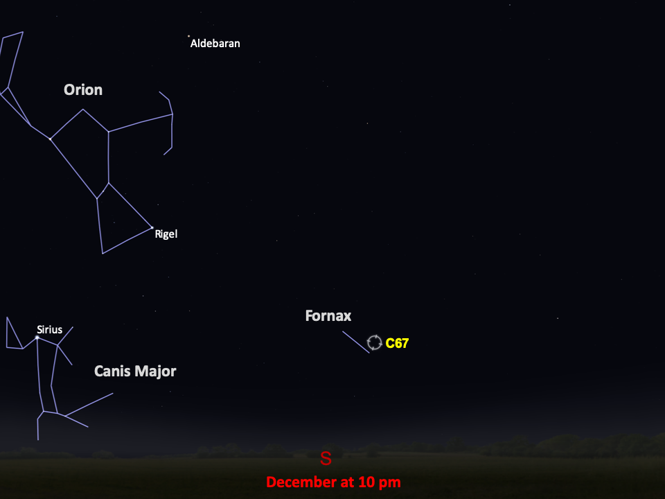 A star chart shows C67 next to the constellation Fornax on the right, in the southern night sky in December at 10pm.